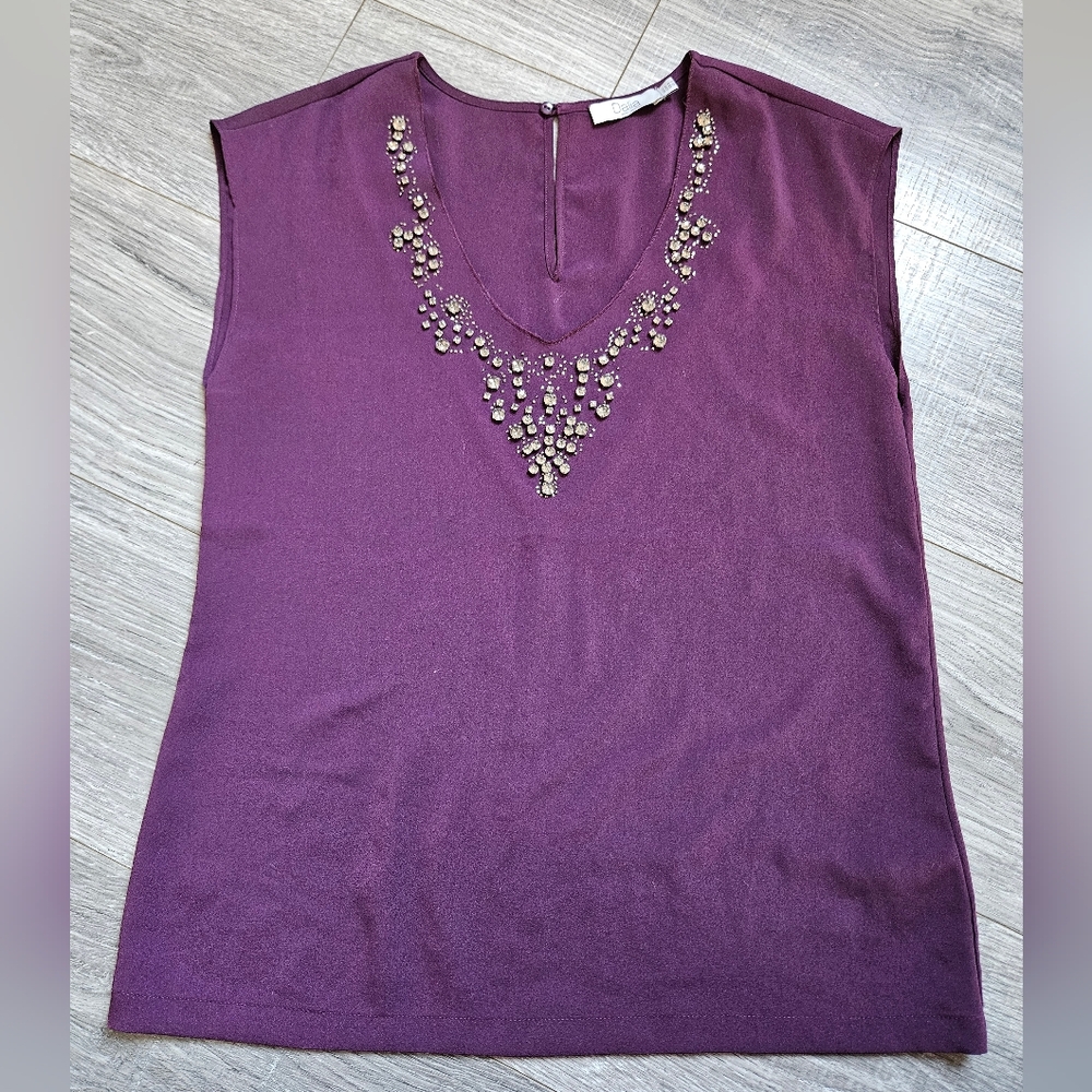 Dalia Eggplant Purple Rhinestone Embellished Lightweight Flowy Sleeveless Blouse